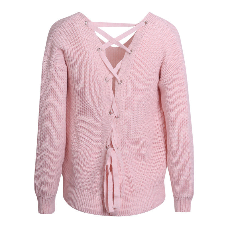 Damen Pullover mit einzigartigem Rückendesign und dekorativem Schnüriemen R&B