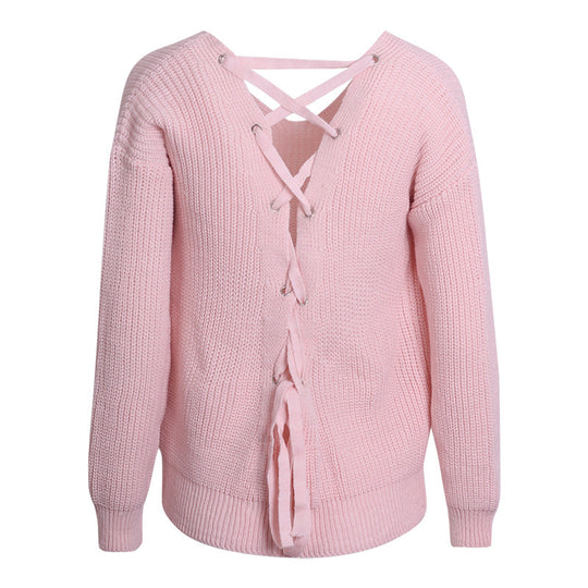 Damen Pullover mit einzigartigem Rückendesign und dekorativem Schnüriemen R&B