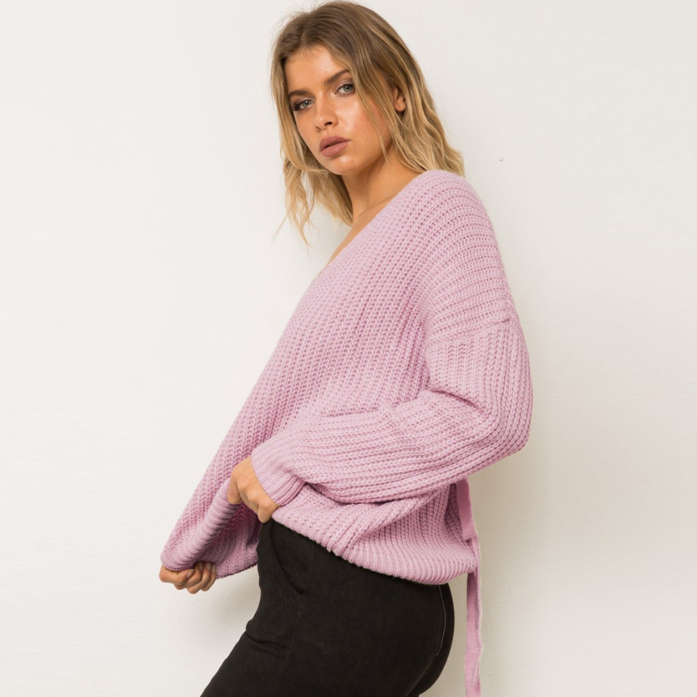 Damen Pullover mit einzigartigem Rückendesign und dekorativem Schnüriemen R&B