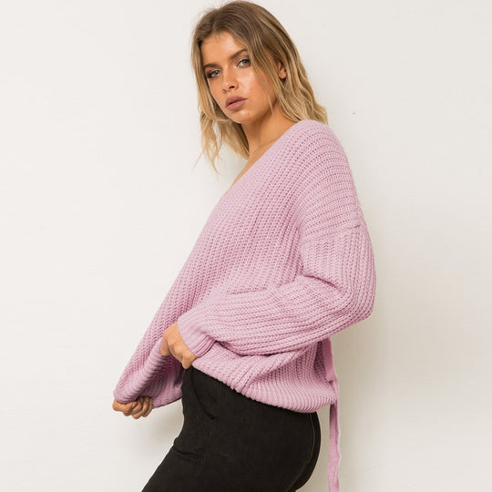 Damen Pullover mit einzigartigem Rückendesign und dekorativem Schnüriemen R&B