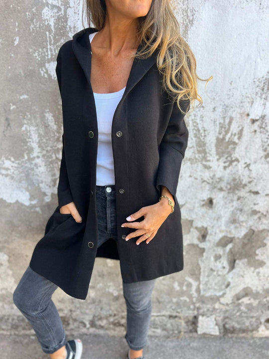 R&B | Lange Jacke Wollmischung Knopfverschluss mit Kapuze Bequeme Passform