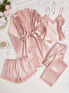 R&B | Satin 4-teiliger Pyjama-Set mit Spitzenbesatz für Frauen | Ideal für alle Jahreszeiten