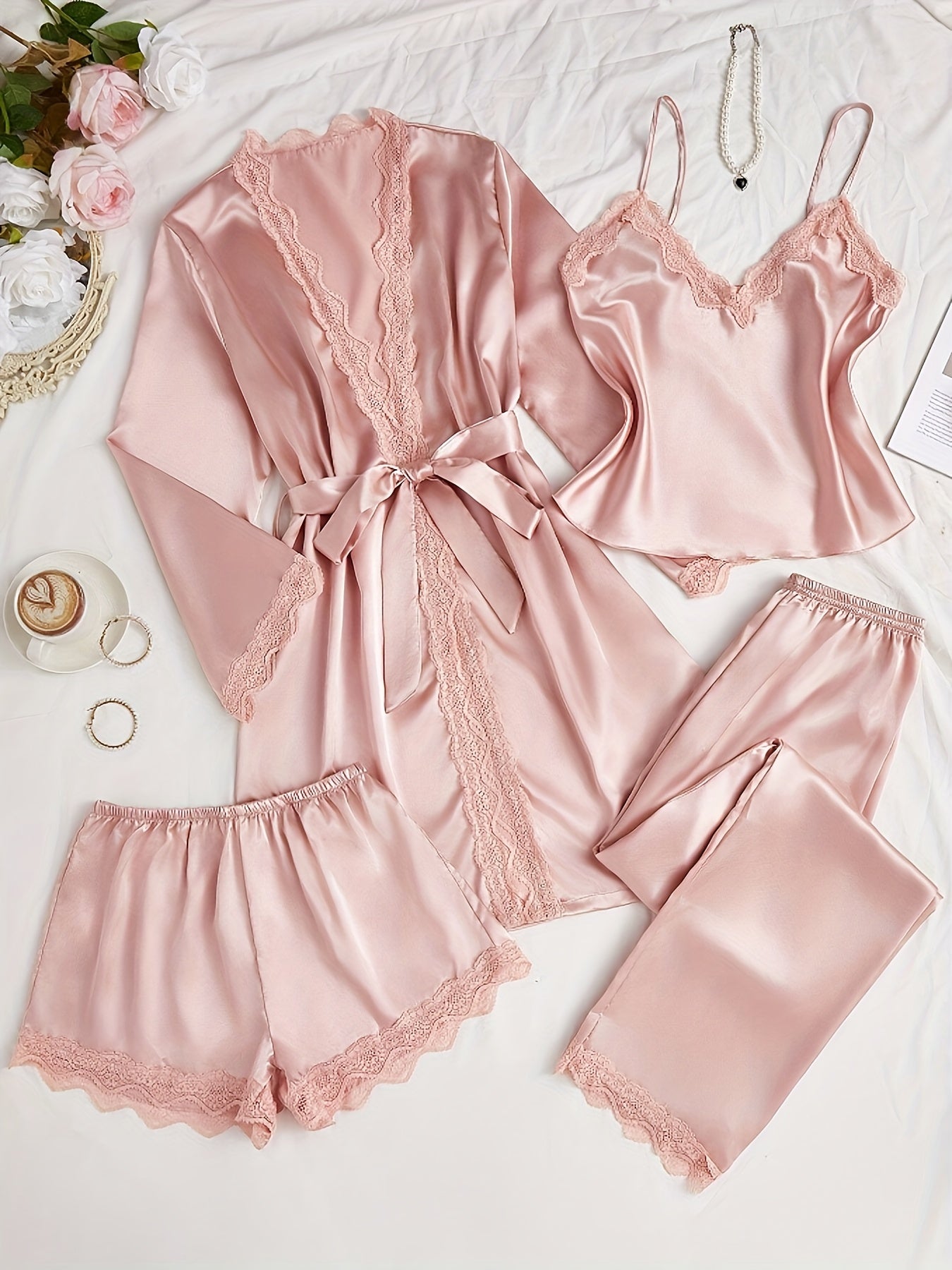 R&B | Satin 4-teiliger Pyjama-Set mit Spitzenbesatz für Frauen | Ideal für alle Jahreszeiten