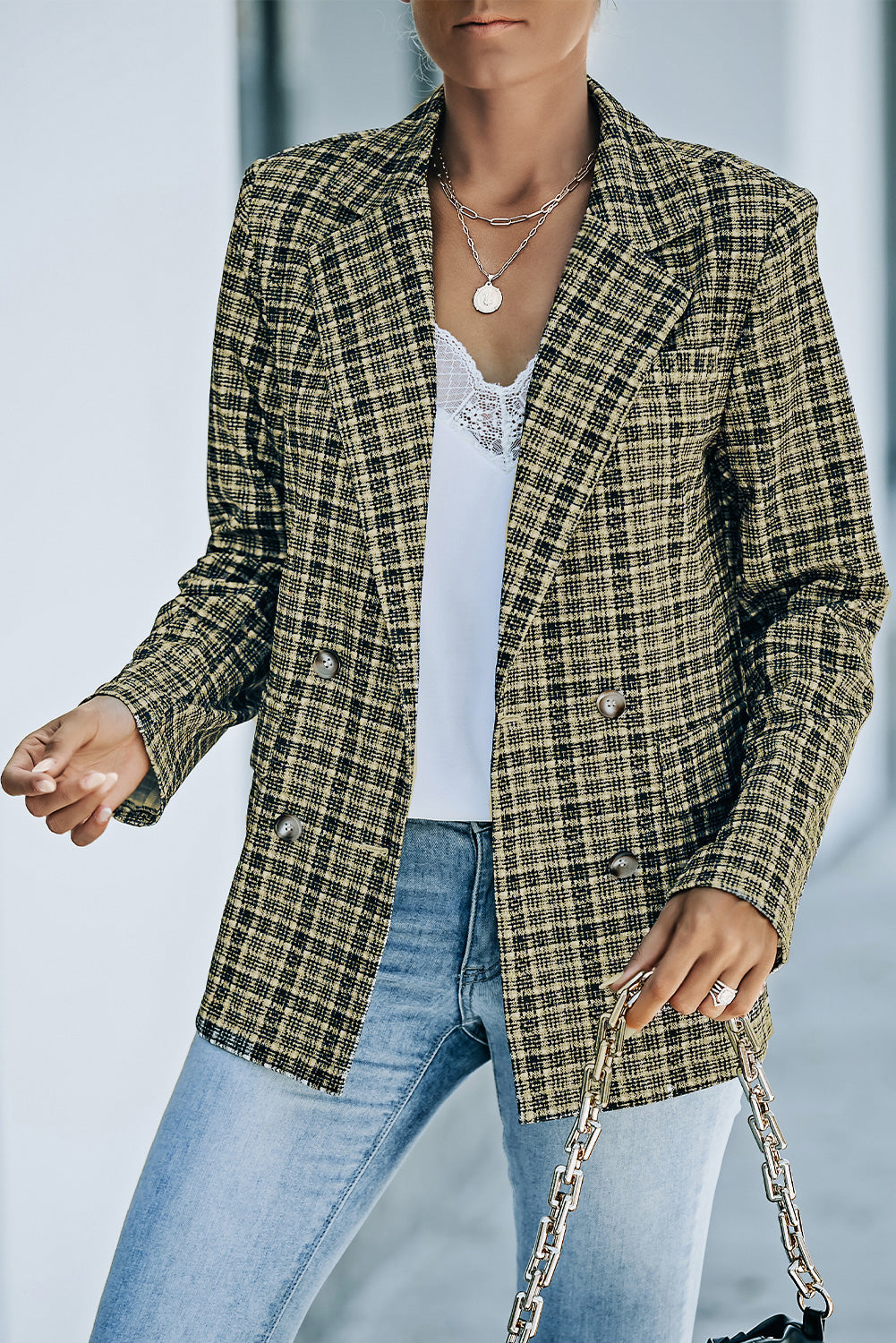 R&B | Karierter Doppelreiher Langarm-Blazer