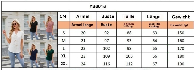 R&B | Einfarbiges Kurzarm-T-Shirt mit V-Ausschnitt und Schleife zum Schnüren