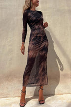 R&B | Charm Lady Mesh Overlay Tie Dye Print Langarm Rüsch Stretch Midi Kleid