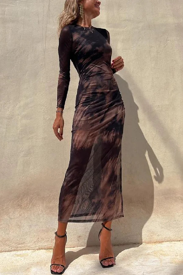 R&B | Charm Lady Mesh Overlay Tie Dye Print Langarm Rüsch Stretch Midi Kleid