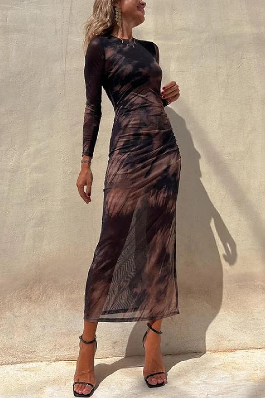 R&B | Charm Lady Mesh Overlay Tie Dye Print Langarm Rüsch Stretch Midi Kleid
