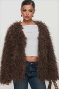 R&B | Fluffy Brown Faux Fur Übergroße Jacke