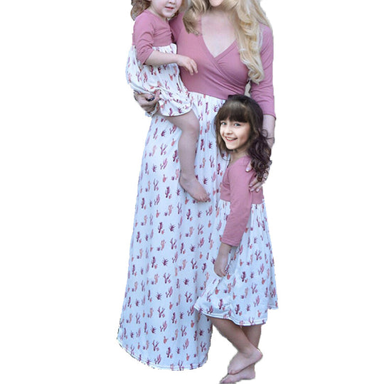 Damen Wickelkleid mit auffälligem Kaktusdruck und langen Ärmeln R&B