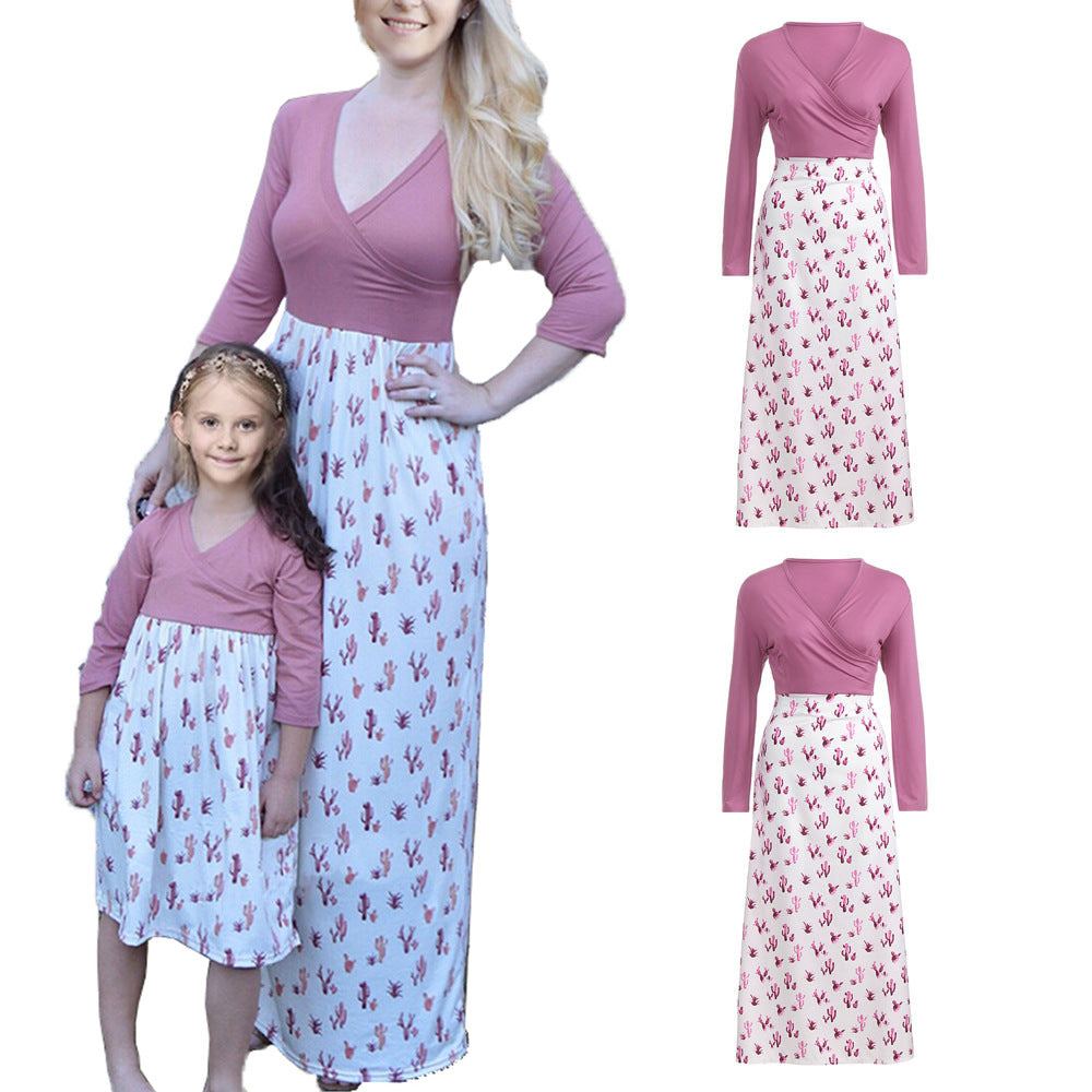 Damen Wickelkleid mit auffälligem Kaktusdruck und langen Ärmeln R&B