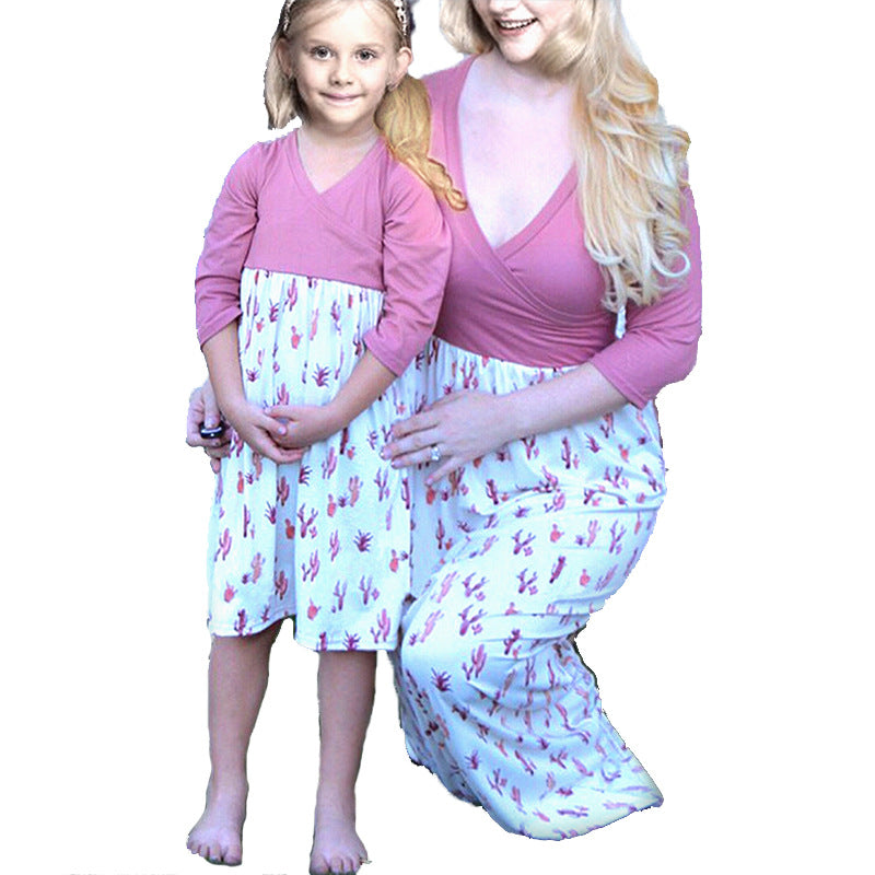 Damen Wickelkleid mit auffälligem Kaktusdruck und langen Ärmeln R&B