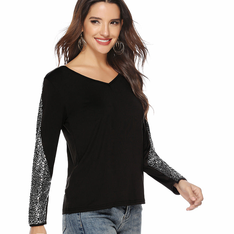 Damen elegantes Oberteil mit glitzernden Ärmeln und V-Ausschnitt R&B