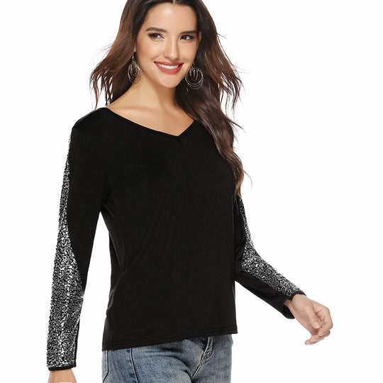 Damen elegantes Oberteil mit glitzernden Ärmeln und V-Ausschnitt R&B