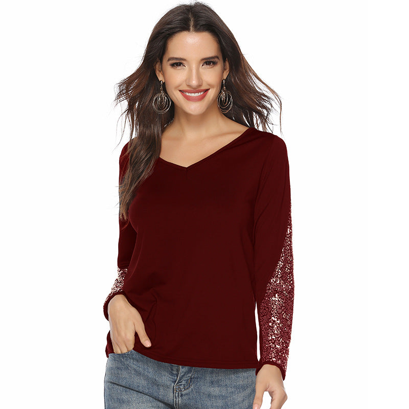 Damen elegantes Oberteil mit glitzernden Ärmeln und V-Ausschnitt R&B