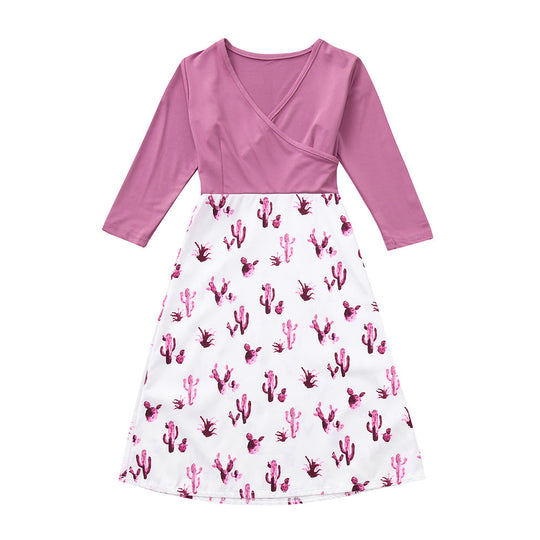 Damen Wickelkleid mit auffälligem Kaktusdruck und langen Ärmeln R&B