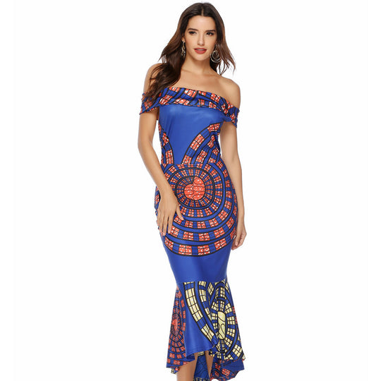 Damen Off-Shoulder Maxikleid mit einzigartigem Muster und asymmetrischem Saum R&B