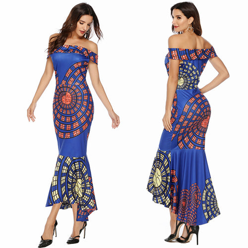 Damen Off-Shoulder Maxikleid mit einzigartigem Muster und asymmetrischem Saum R&B