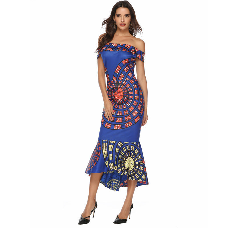 Damen Off-Shoulder Maxikleid mit einzigartigem Muster und asymmetrischem Saum R&B