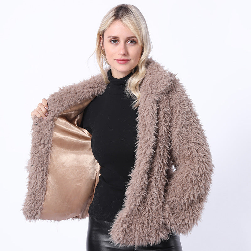 Damen Modischer Kunstpelzjacke mit elegantem Kragen und seitlichen Taschen R&B