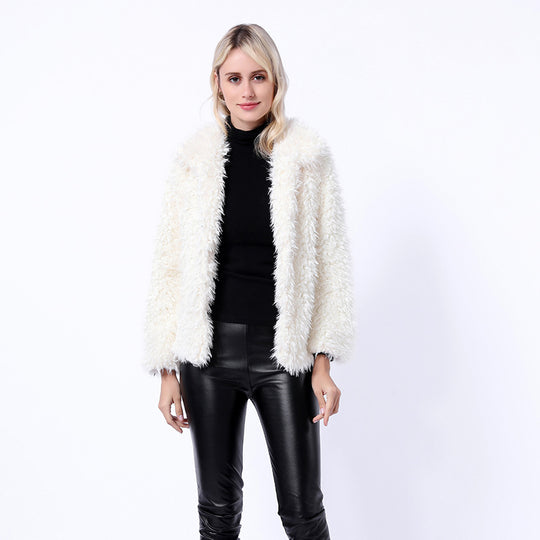 Damen Modischer Kunstpelzjacke mit elegantem Kragen und seitlichen Taschen R&B