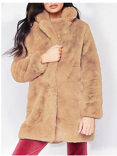 Damen Flauschige Langjacke aus Kunstpelz mit Kapuze R&B