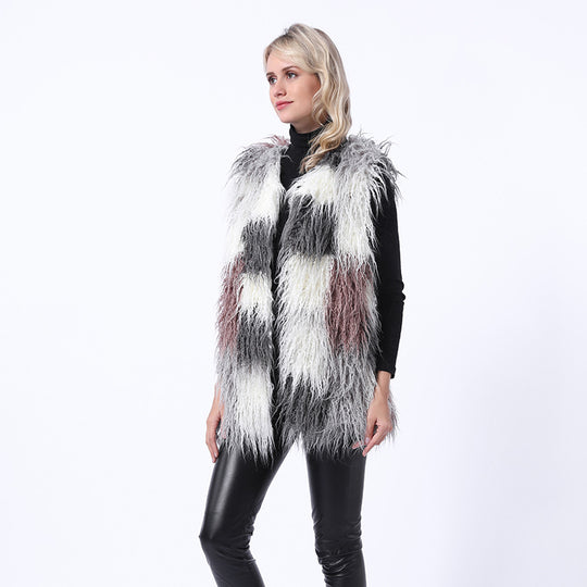 Damen Flauschige Kunstpelz-Weste im Patchwork-Design R&B