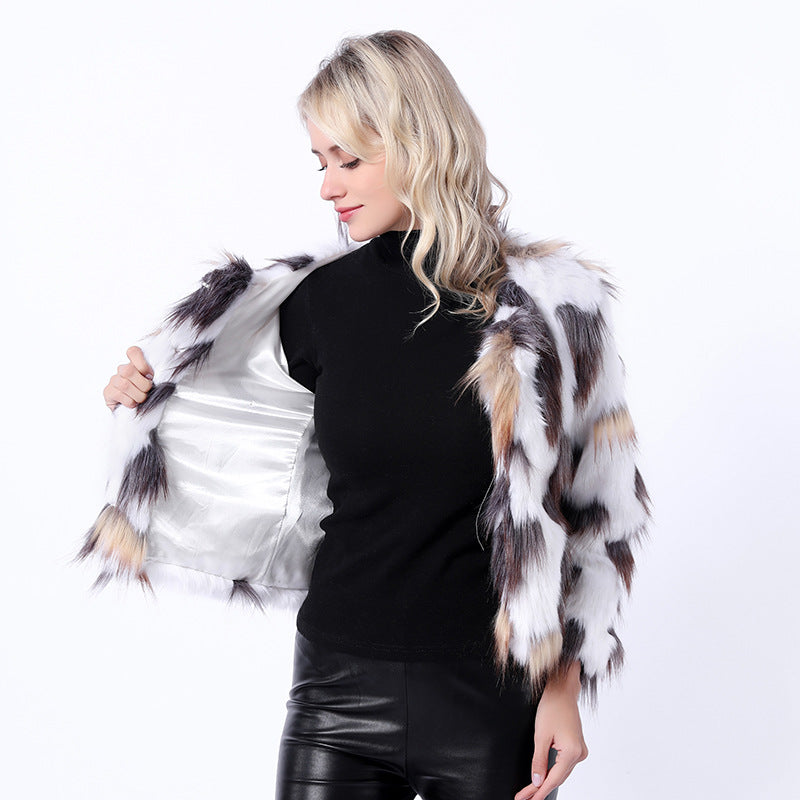 Damen Modische Kunstpelzjacke mit auffälligem Muster und voluminösen Ärmeln R&B