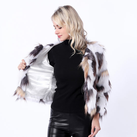 Damen Modische Kunstpelzjacke mit auffälligem Muster und voluminösen Ärmeln R&B