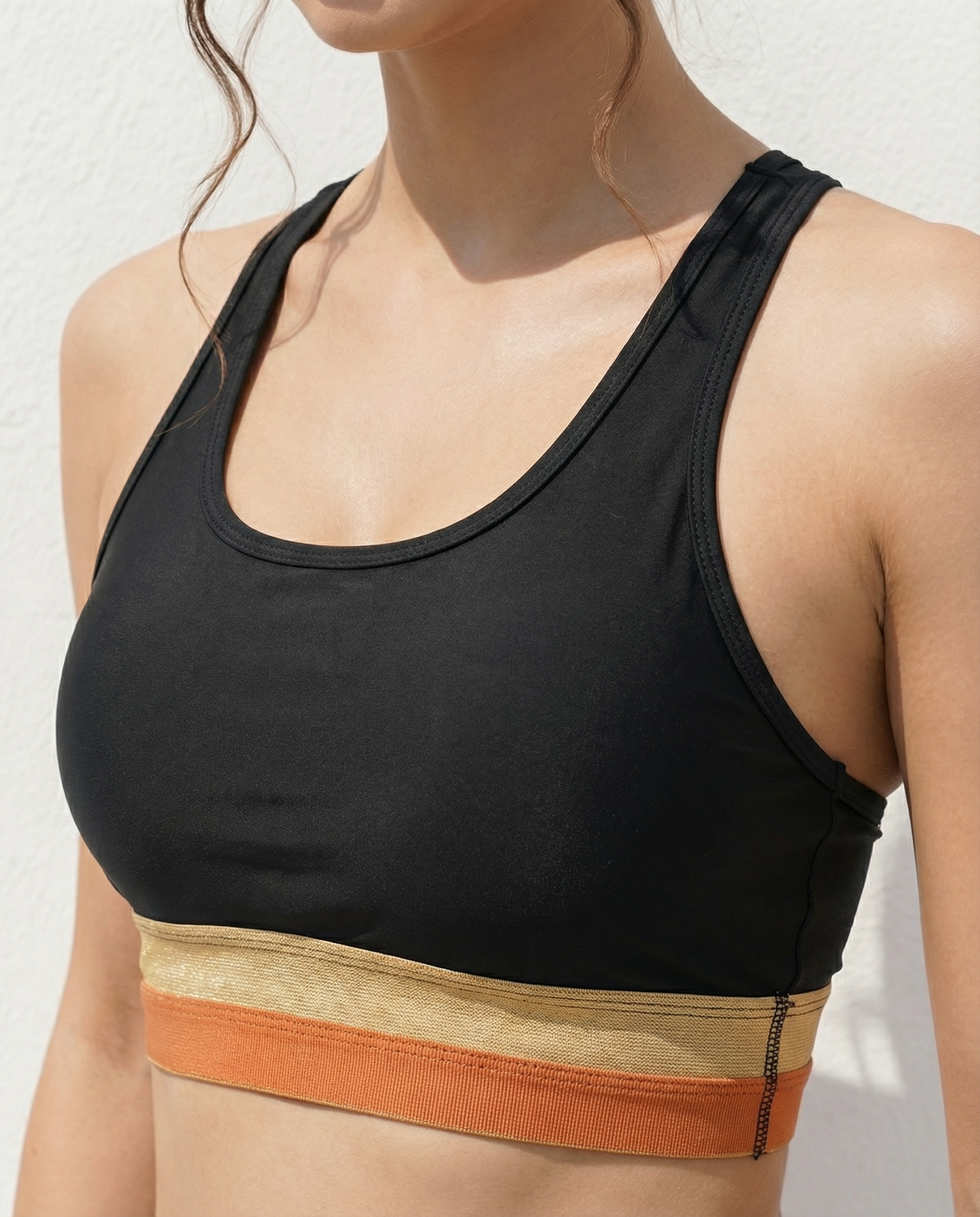 R&B | Schwarzes Colorblock Reißverschluss Rücken Sport Bikini-Oberteil mit Boyshort-Set