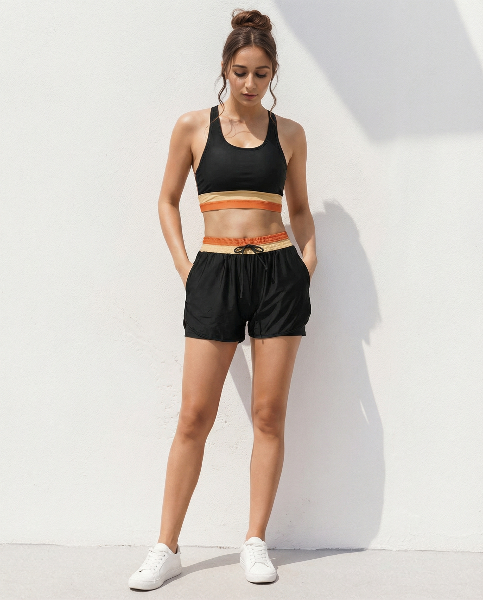 R&B | Schwarzes Colorblock Reißverschluss Rücken Sport Bikini-Oberteil mit Boyshort-Set