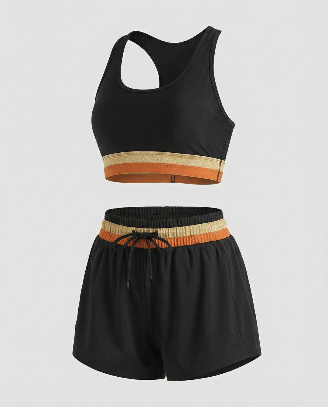 R&B | Schwarzes Colorblock Reißverschluss Rücken Sport Bikini-Oberteil mit Boyshort-Set