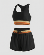 R&B | Schwarzes Colorblock Reißverschluss Rücken Sport Bikini-Oberteil mit Boyshort-Set
