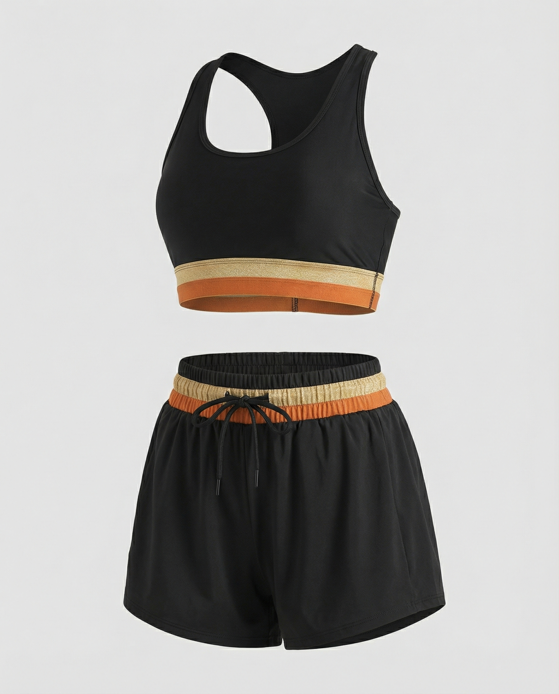 R&B | Schwarzes Colorblock Reißverschluss Rücken Sport Bikini-Oberteil mit Boyshort-Set