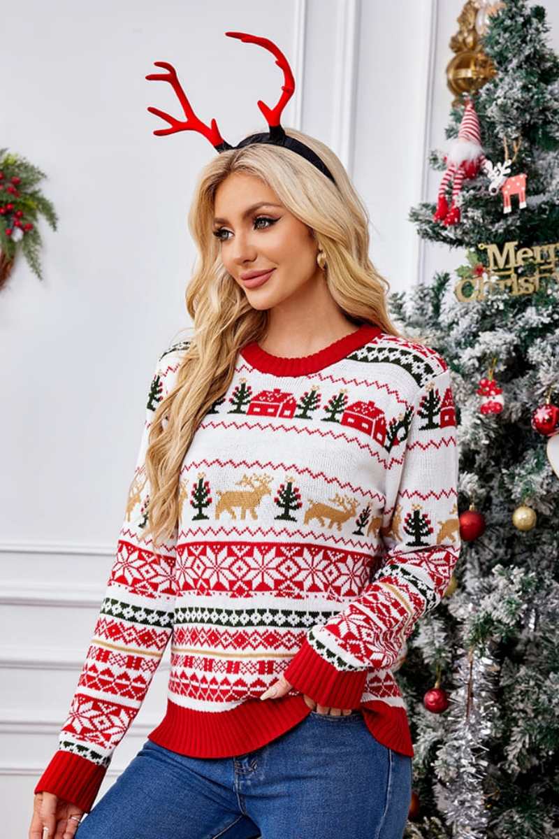 R&B | Weihnachtlicher Rundhals bestickter Strickpullover