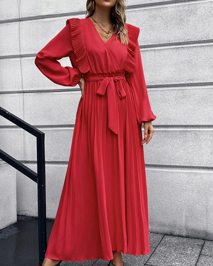 Elegantes Langes Kleid mit Plissiertem V-Ausschnitt