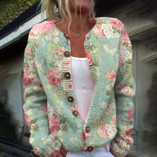 R&B | Stylische Strickjacke Ohne Kragen Mit Langen Ärmeln Und Blumendruck