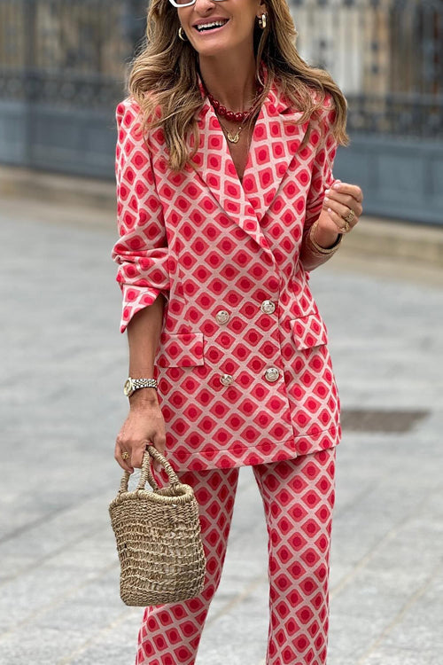 R&B | Rosiedress Geometrischer Druck Revers Doppelt Knopf Blazer und Flare-Hosen Set