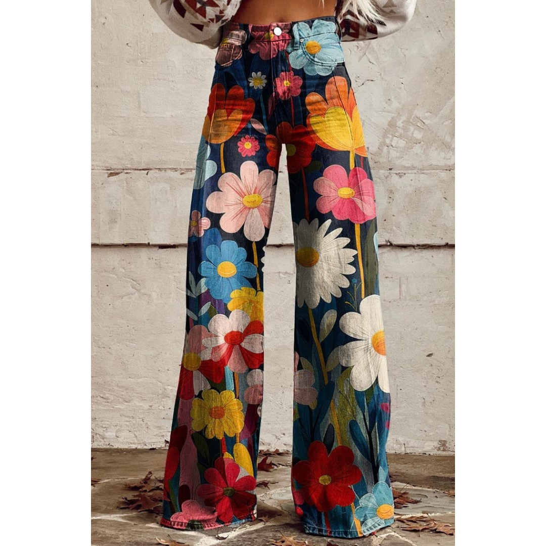 R&B | Damen bedruckte Jeanshose Helle Blumen