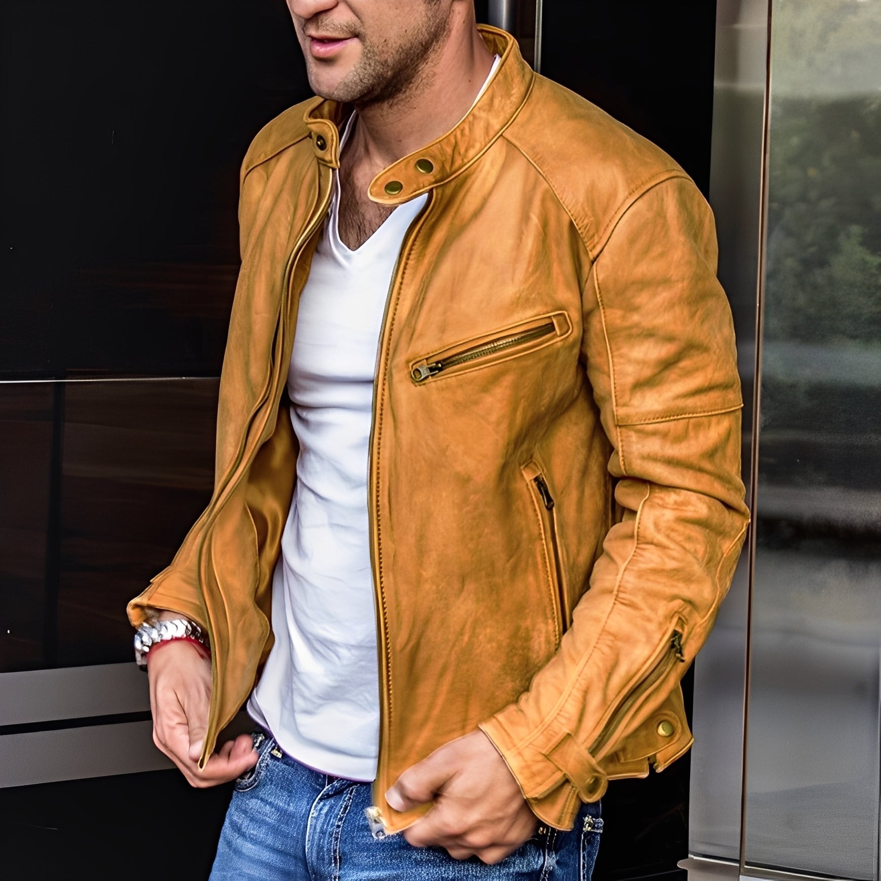 R&B | Klassische Lederjacke mit Reißverschlusstaschen für Männer