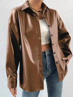 R&B | Vintage Leder Bomberjacke mit Reverskragen und Knopfverschluss