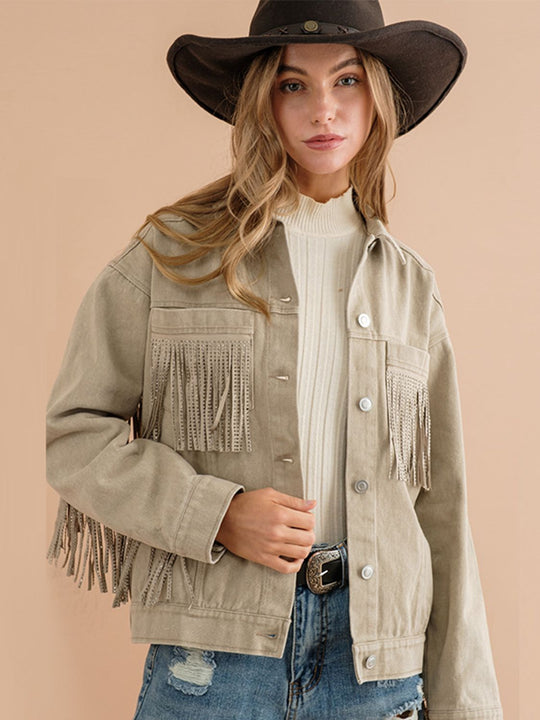 R&B | Fransen-Detail Gefallene Schulter Denimjacke