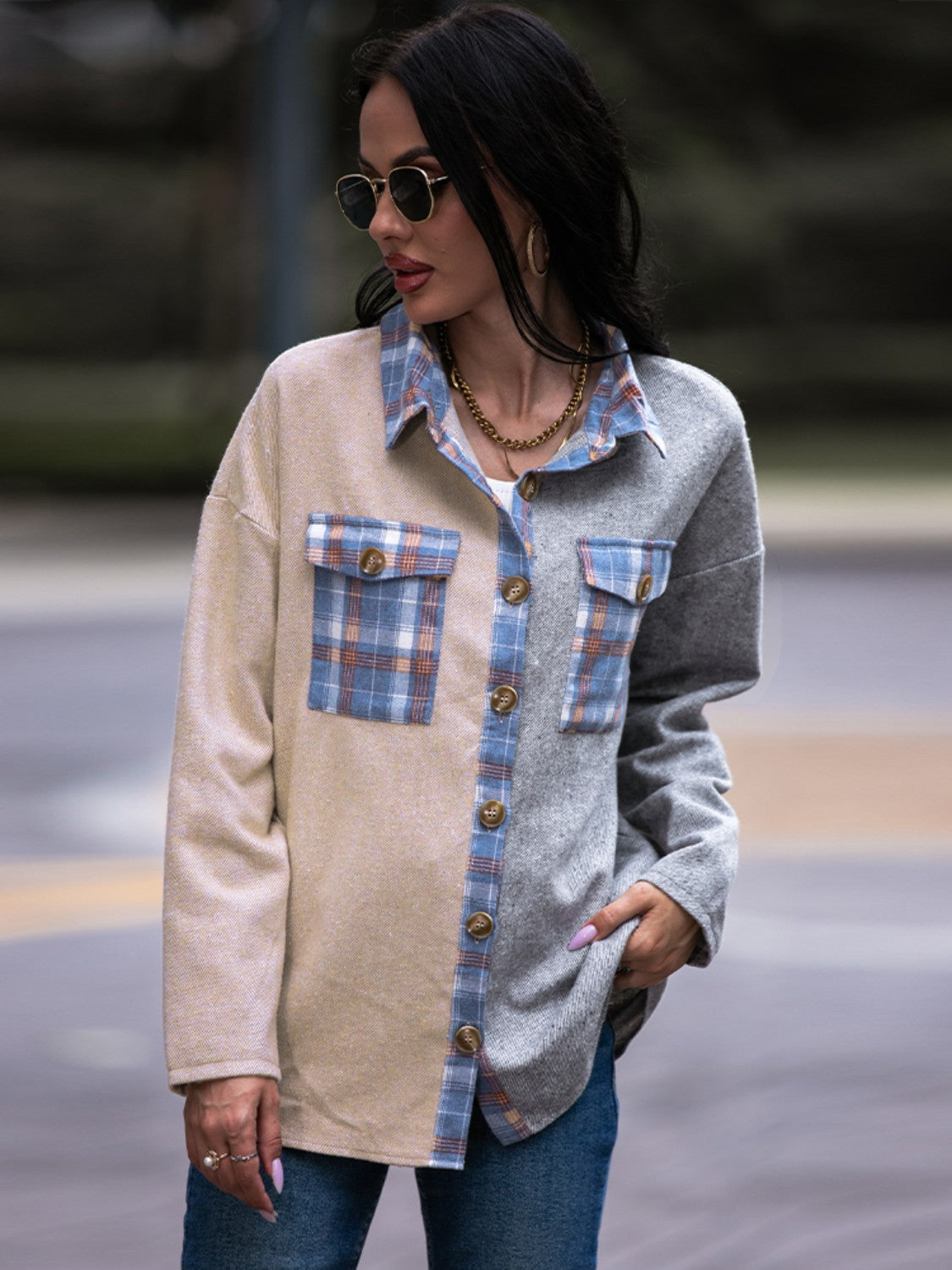 R&B | Karo Kontrast Drop Shoulder Shacket