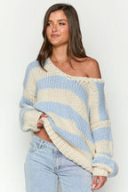 R&B | Gemütlicher Off-Shoulder Gestreifter Strickpullover für Herbstschichten