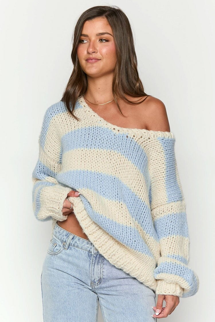 R&B | Gestreifter Strickpullover mit Schulterfreiem Design Schicker Herbstpullover