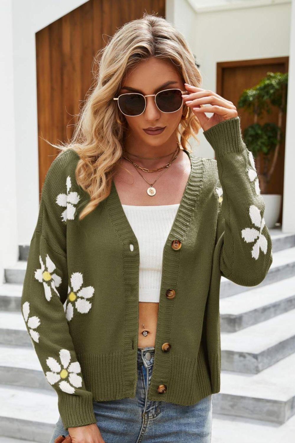 R&B | Floral Ribbed Trim Drop Shoulder Cardigan