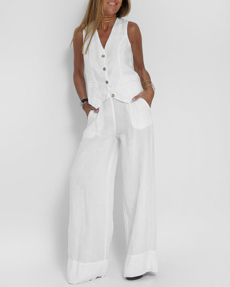 R&B | Elegantes 2-Teiliges Set Leinen Weite Hose & Weste