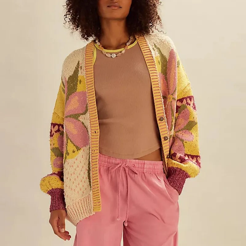 R&B | florale Strickjacke mit lockerer Passform und langen Ärmeln