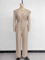 R&B | V-Ausschnitt einfarbiger elastischer Overall mit hoher Taille und weitem Bein