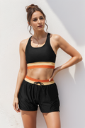 R&B | Schwarzes Colorblock Reißverschluss Rücken Sport Bikini-Oberteil mit Boyshort-Set